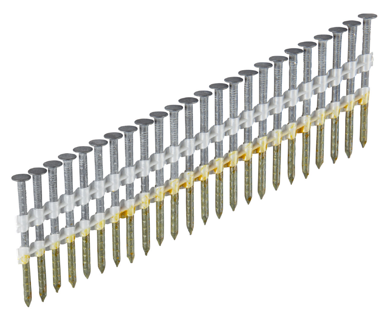 Straight collated nails 21° round head, barbed, M-fusion
