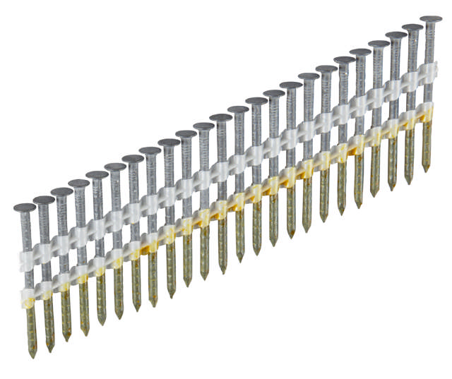 Straight collated nails 21° round head, barbed, M-fusion