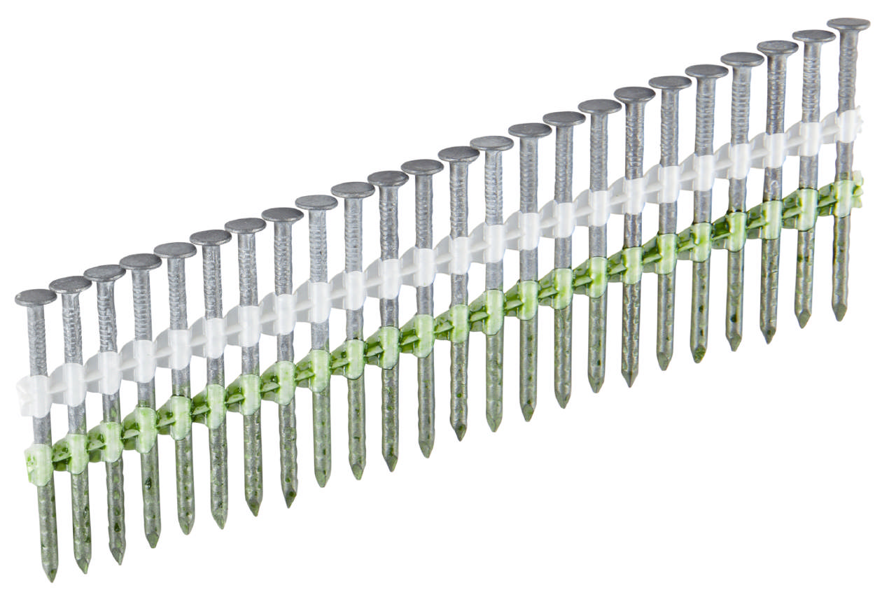 Straight collated nails 17° round head, barbed, M-fusion