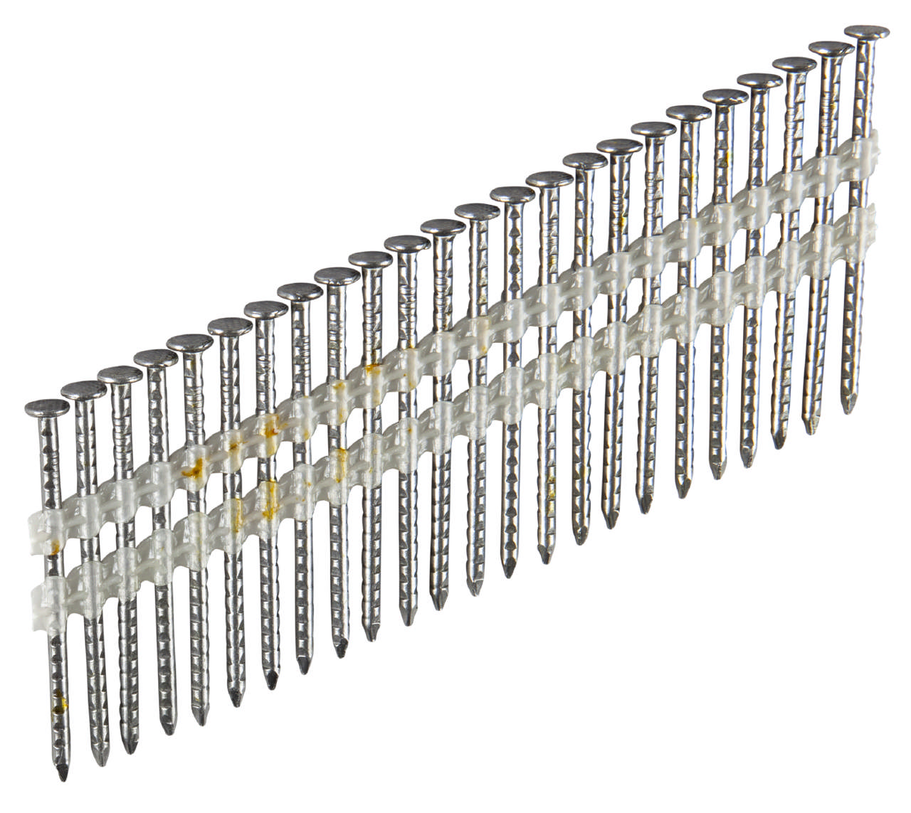 Straight collated nails 21° round head, barbed, blank