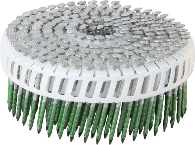 Coil 15° plastic collated barbed nails, HDG