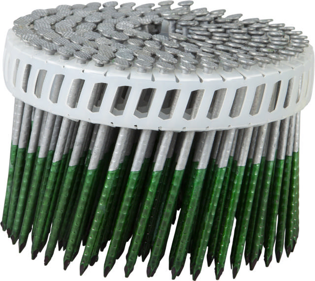 Coil 15° plastic collated barbed nails, HDG