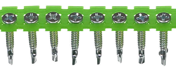 Collated wing tip screw with drillpoint for steel joists, bright zinc plated