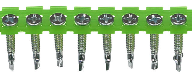 Collated wing tip screw with drillpoint for steel joists, bright zinc plated